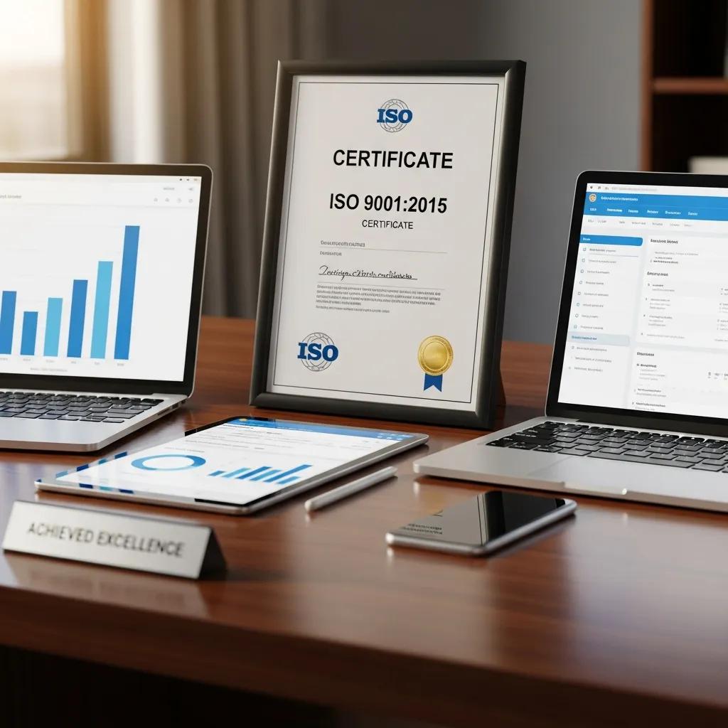 ISO certificate on a desk with digital devices, symbolising how standards support digital culture