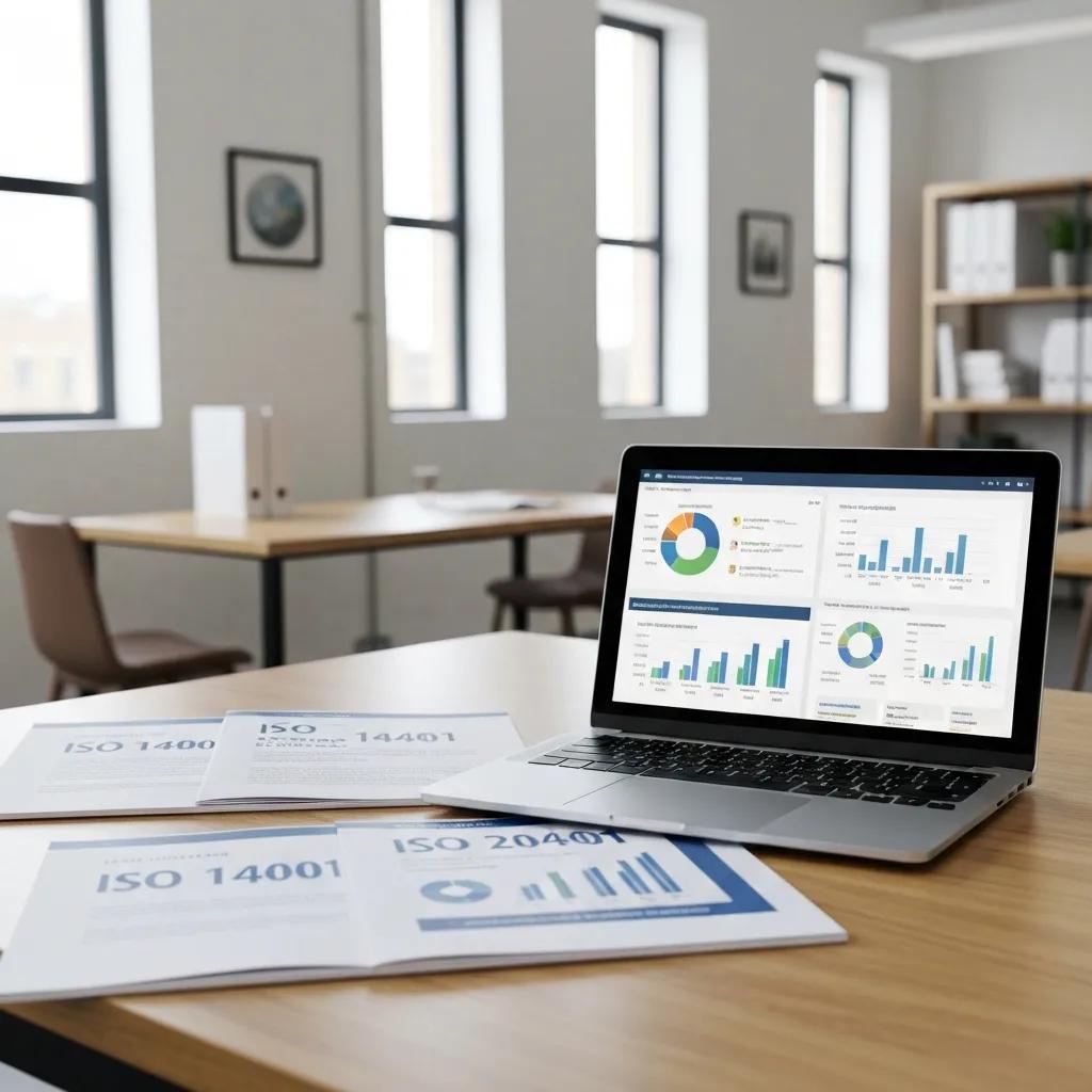 Printed ISO documents beside a laptop in an eco-friendly office