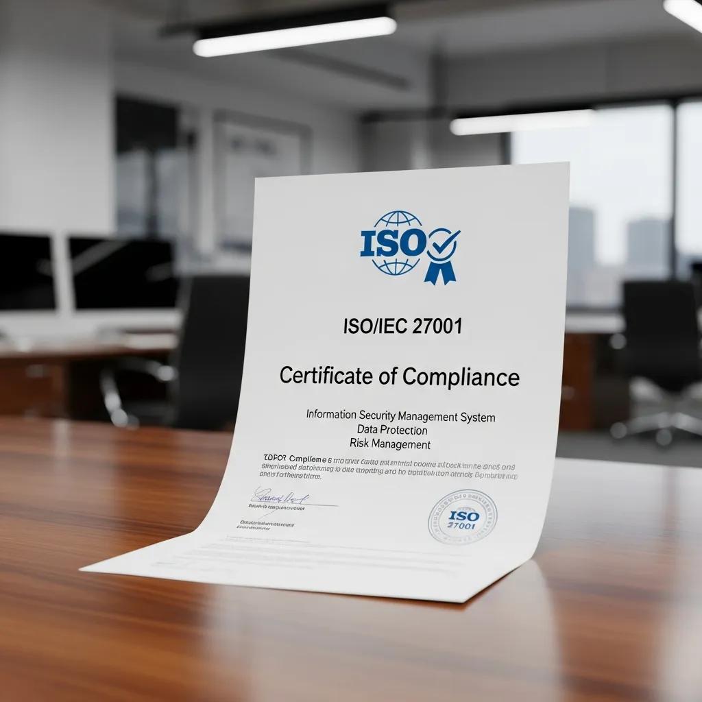 ISO/IEC 27001 certificate highlighting information security management and GDPR compliance.