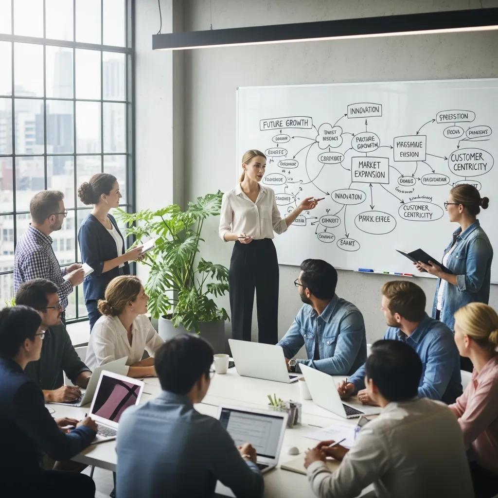 Leader presenting a vision to a team in a bright workspace, illustrating transformational leadership in action