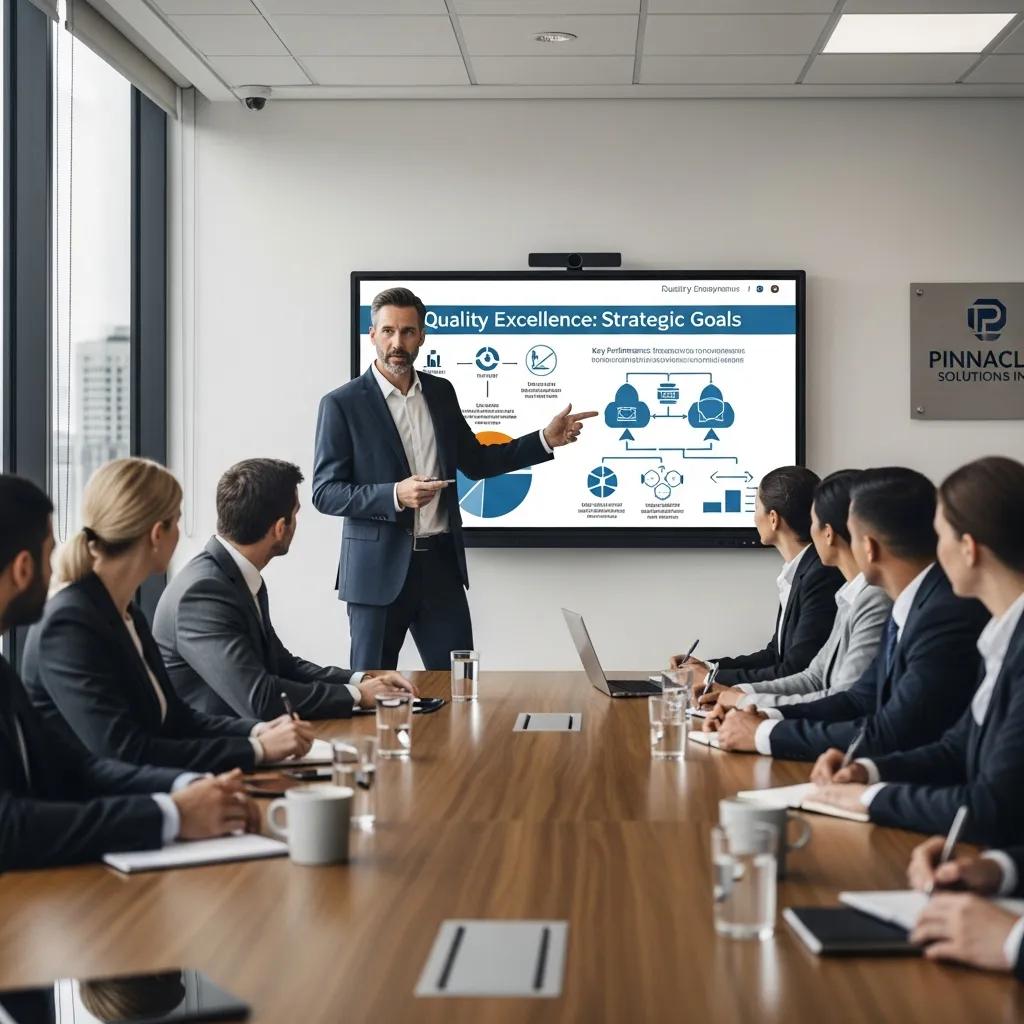 Senior leader presenting quality objectives to a team in a boardroom