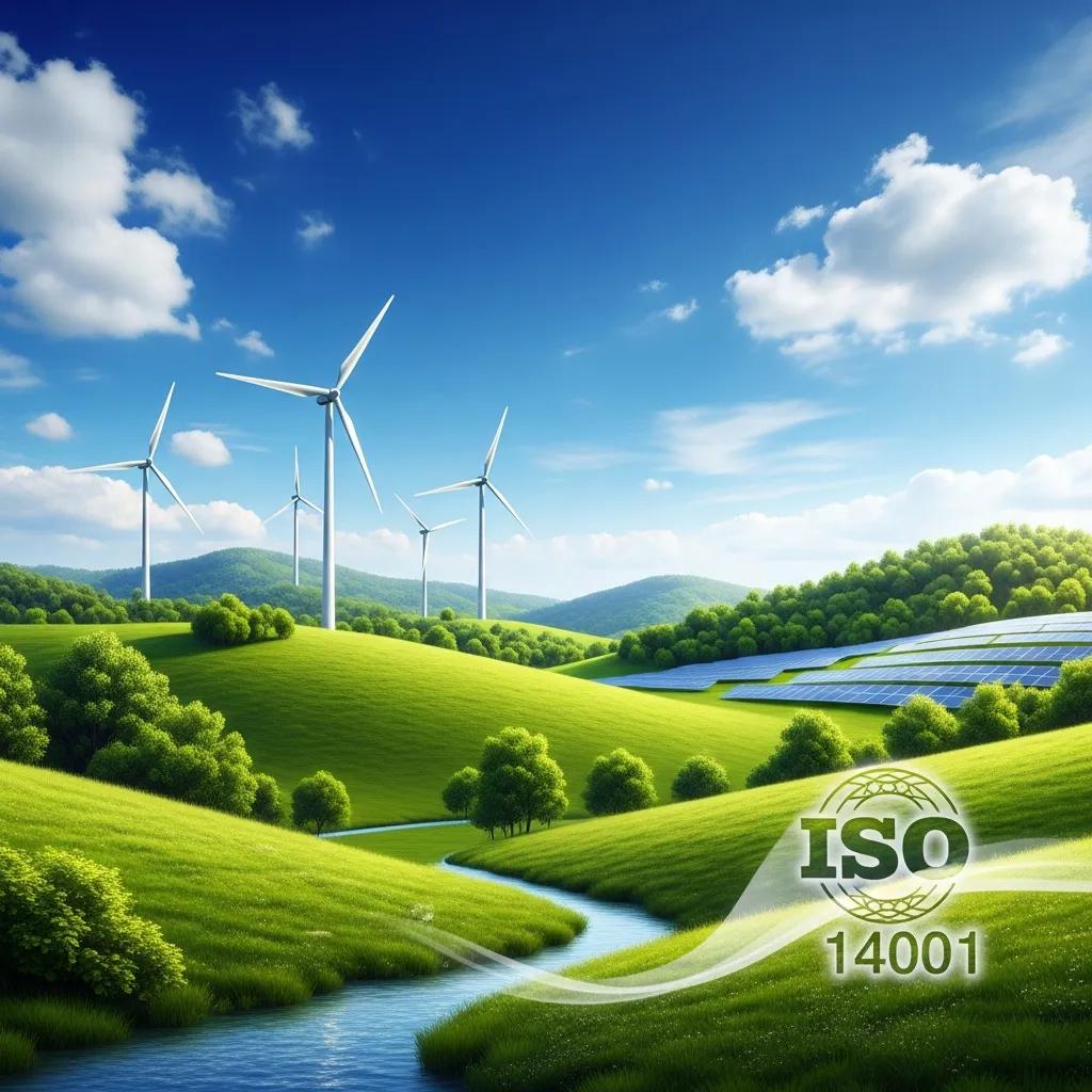 Lush green landscape with solar panels and wind turbines symbolizing environmental management and ISO 14001 certification.
