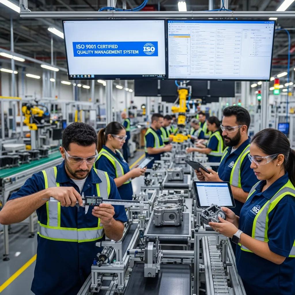 Manufacturing workers conducting quality control on an assembly line, demonstrating ISO 9001 quality management system procedures.
