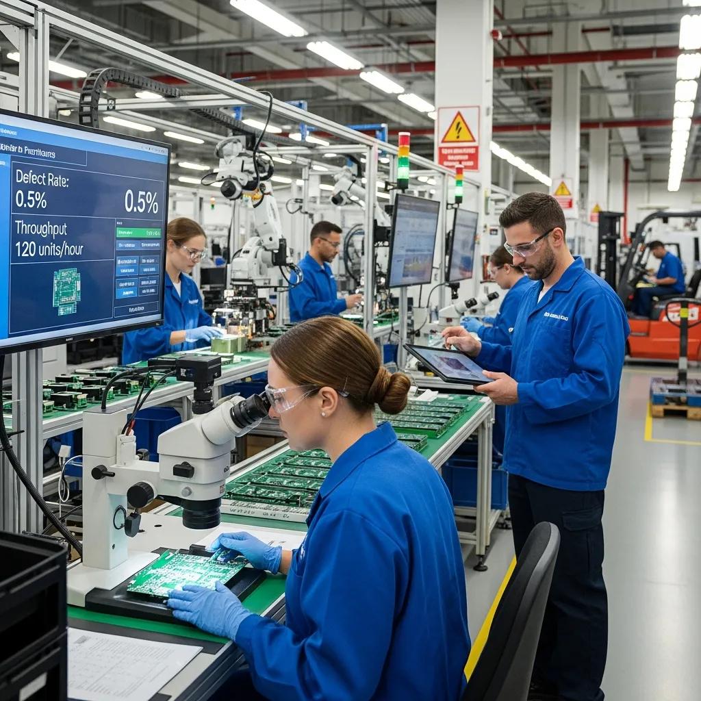 Factory team performing quality-control checks to improve operational efficiency