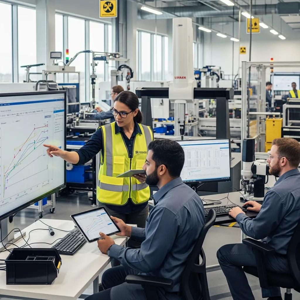 Modern manufacturing environment showcasing statistical process control tools and teamwork for ISO 9001 certification.