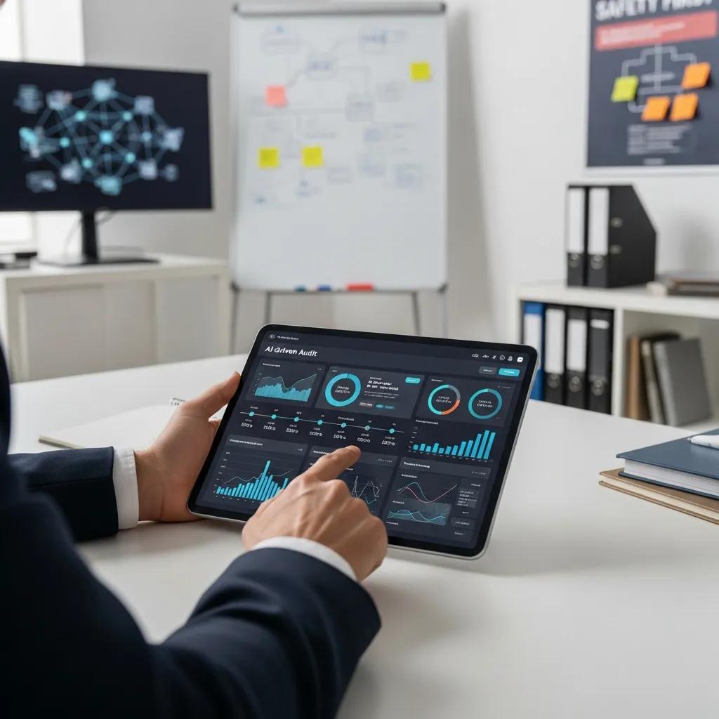 Professional analyzing data on tablet during AI-driven ISO 45001 audit in modern office.
