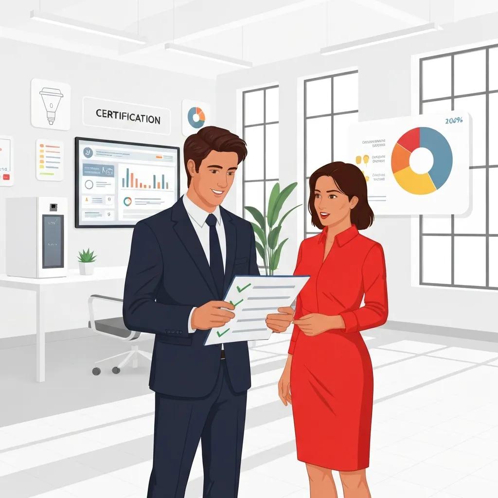 Advisor reviewing ISO 50001 certification steps with a client in an energy-efficient office
