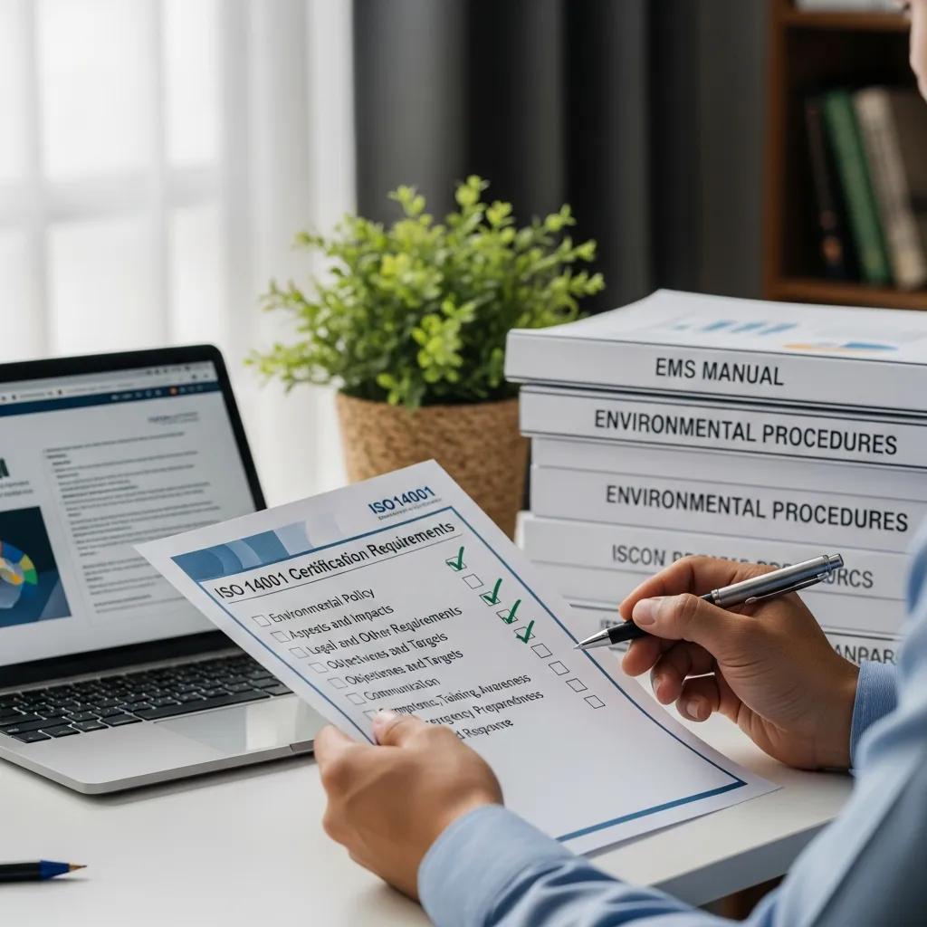 Professional reviewing an ISO 14001 requirements checklist in a well‑organised workspace