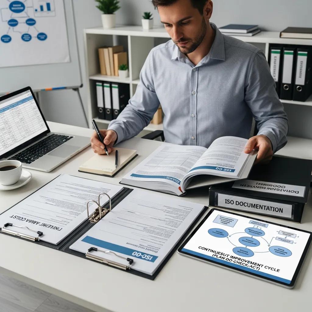 Professional reviewing ISO certification documents related to continuous improvement