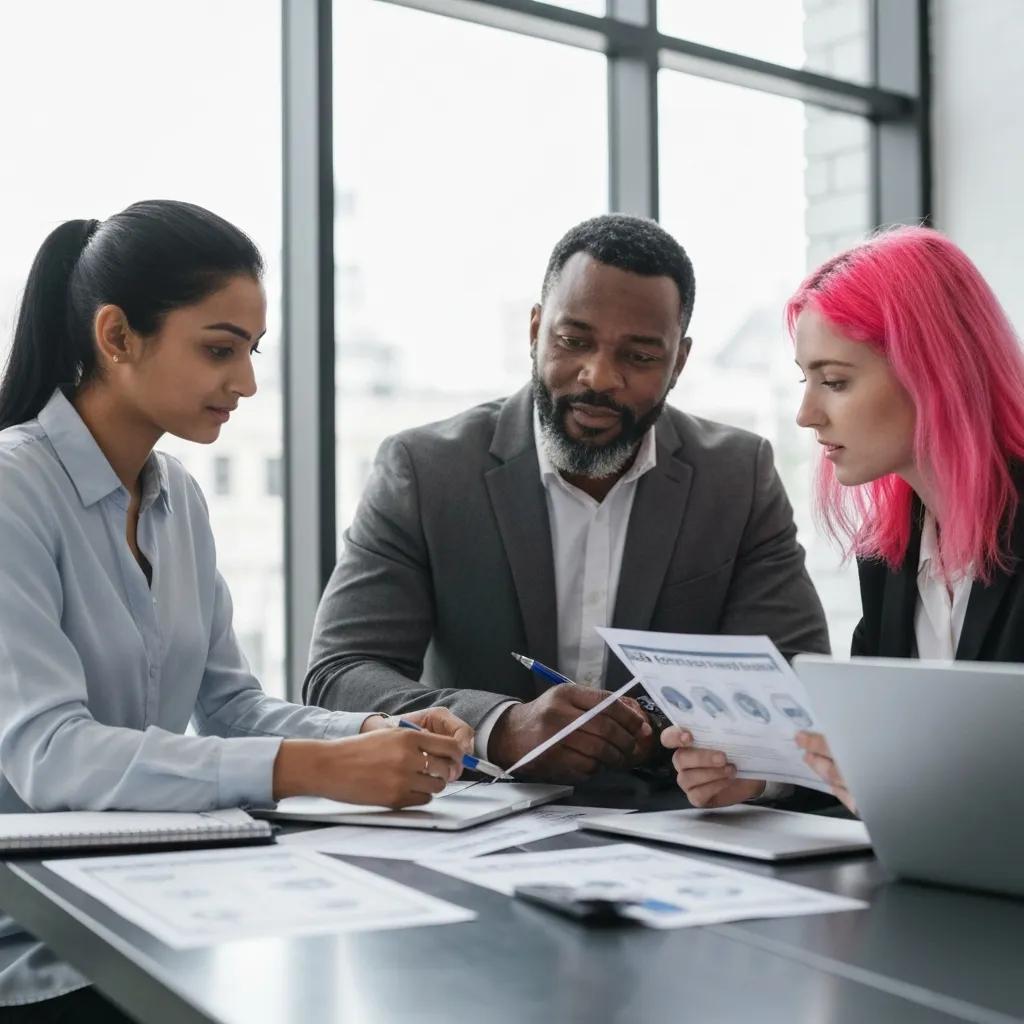 Professionals collaborating on ISO certification templates in a modern office