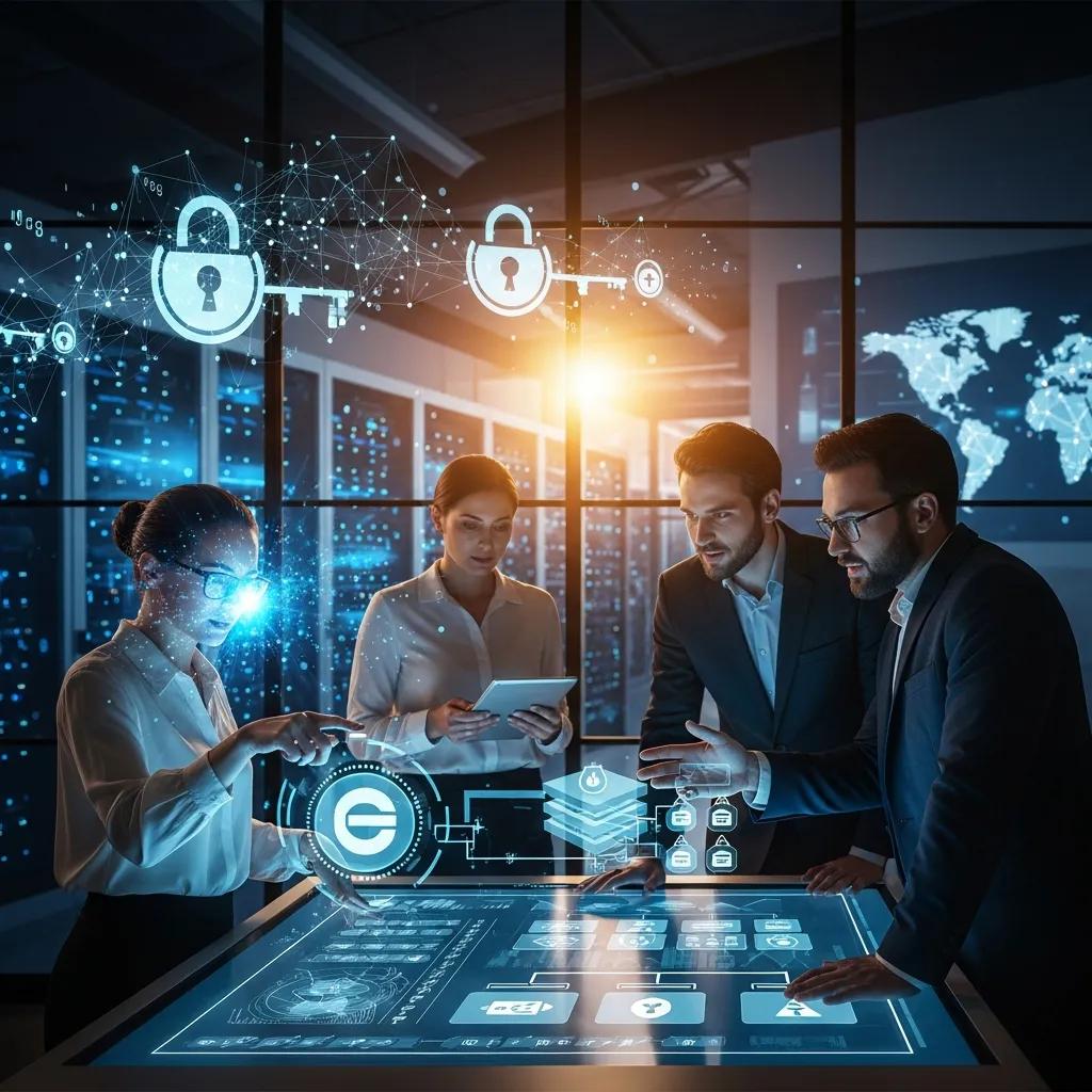 Team discussing cloud data protection with encryption and security icons