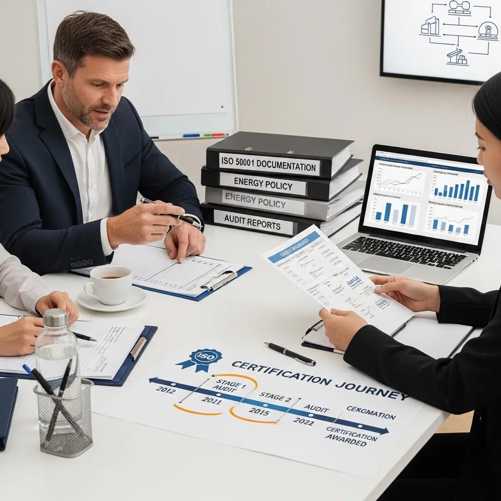 Colleagues reviewing ISO 50001 certification documents