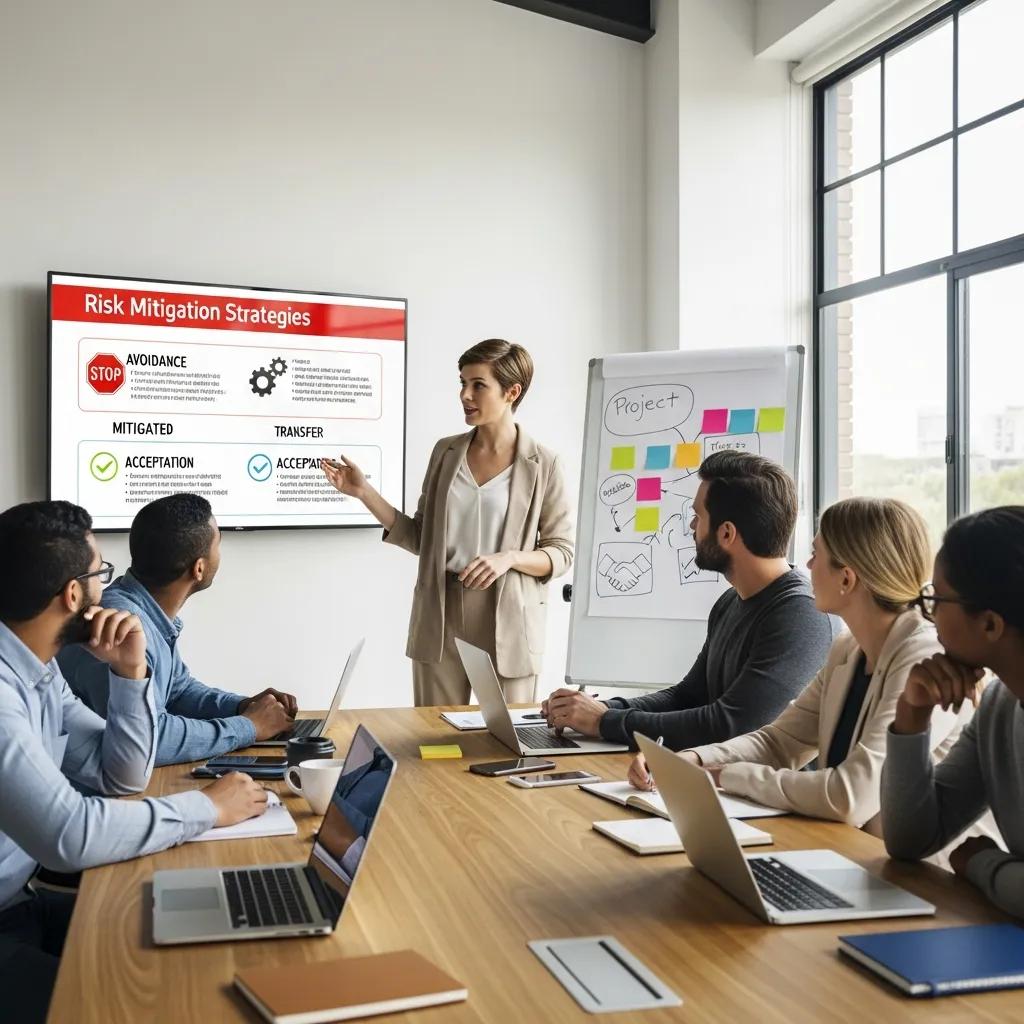 Project manager explaining mitigation strategies to a team in a meeting