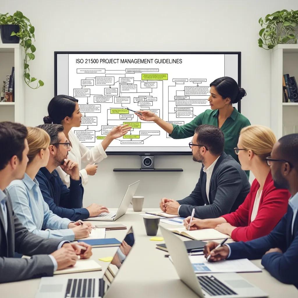 Project team reviewing ISO 21500 guidelines and communication management plan on a screen.