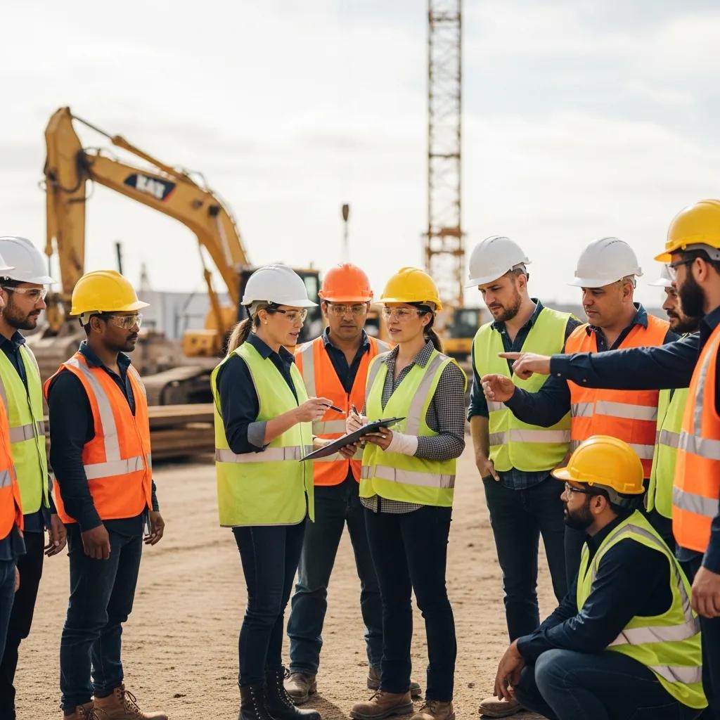 Safety manager leading a risk assessment discussion with construction workers at a construction site, highlighting ISO 45001 hazard controls.