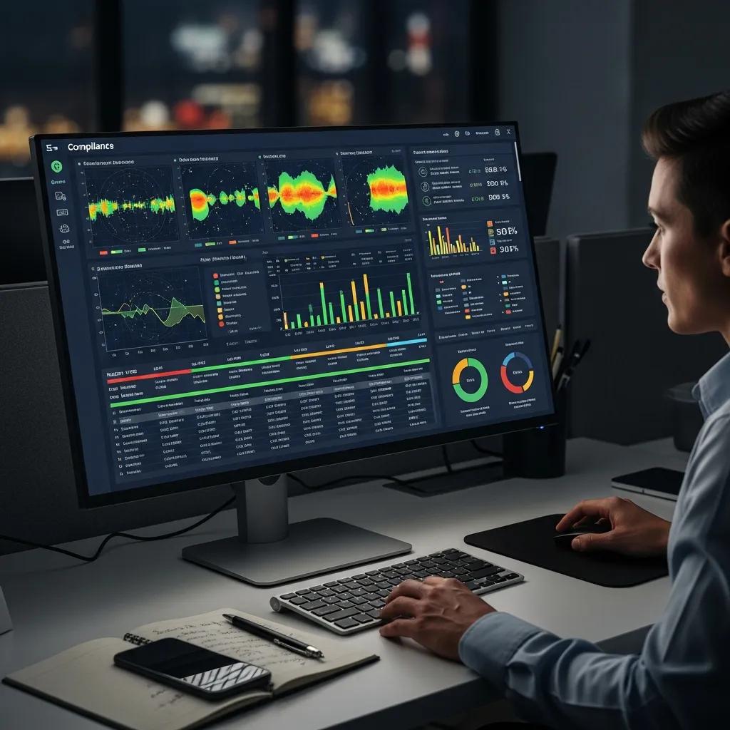 Analyst inspecting a security dashboard showing heat maps and incident timelines