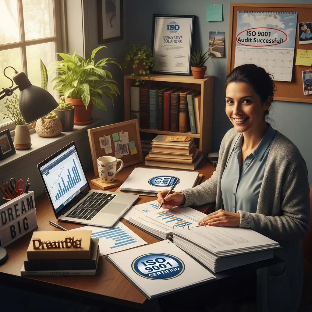 Owner of a small business reviewing performance metrics after ISO 9001 certification