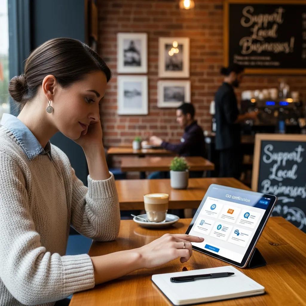Small business owner checking ISO certification options on a laptop in a café