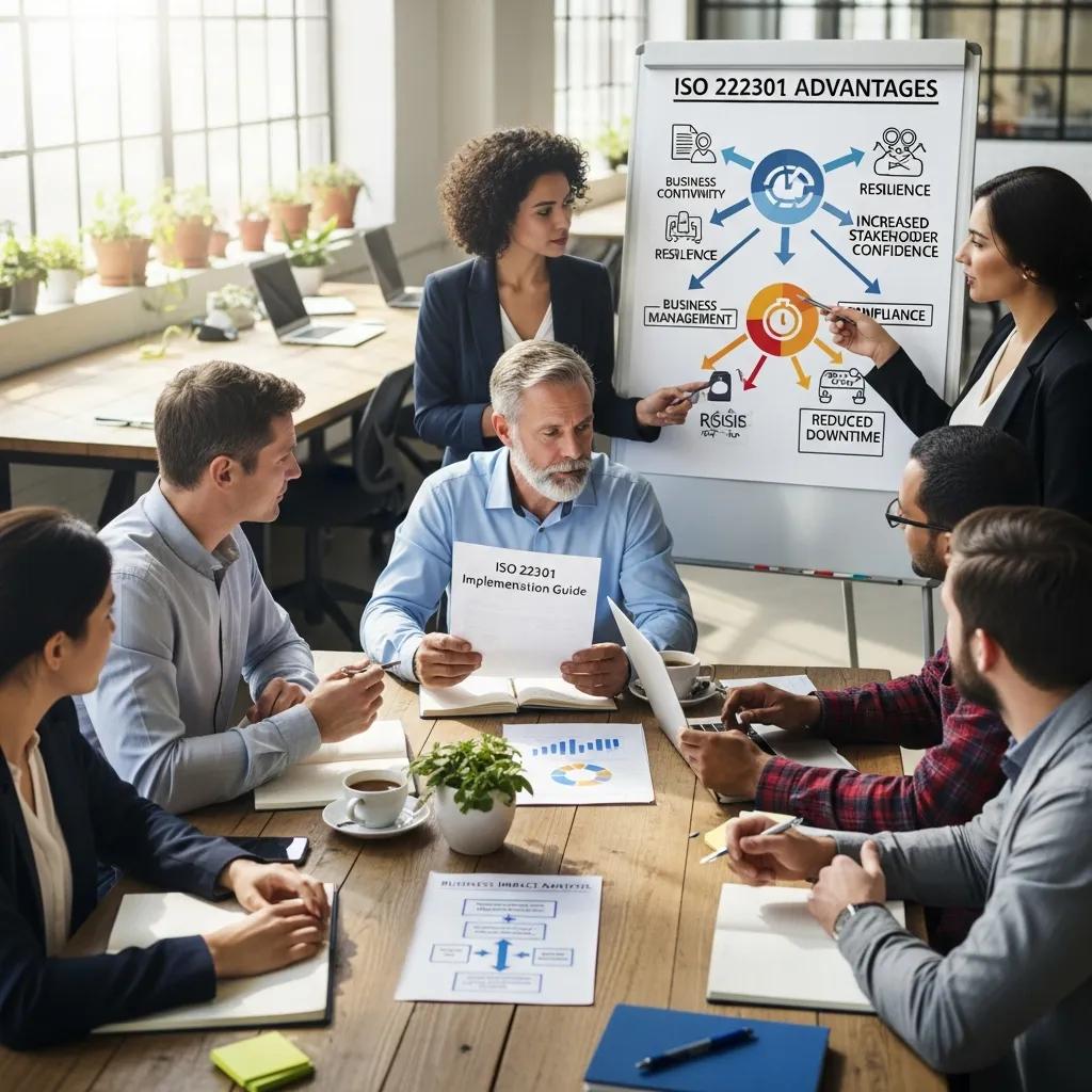 Small business owners reviewing ISO 22301 benefits in a meeting