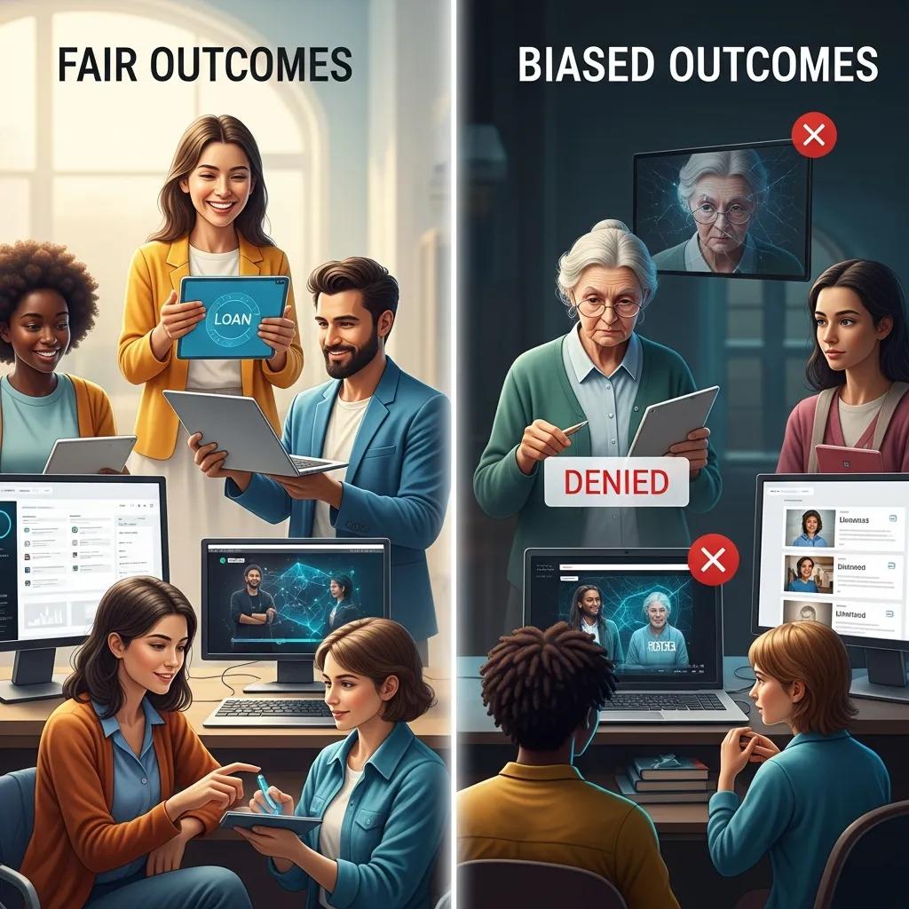 Split screen illustrating positive and negative user experiences with AI bias