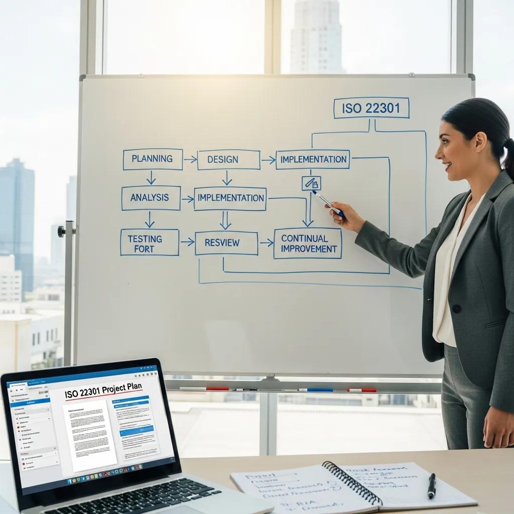 Whiteboard showing steps to implement ISO 22301 with a business professional