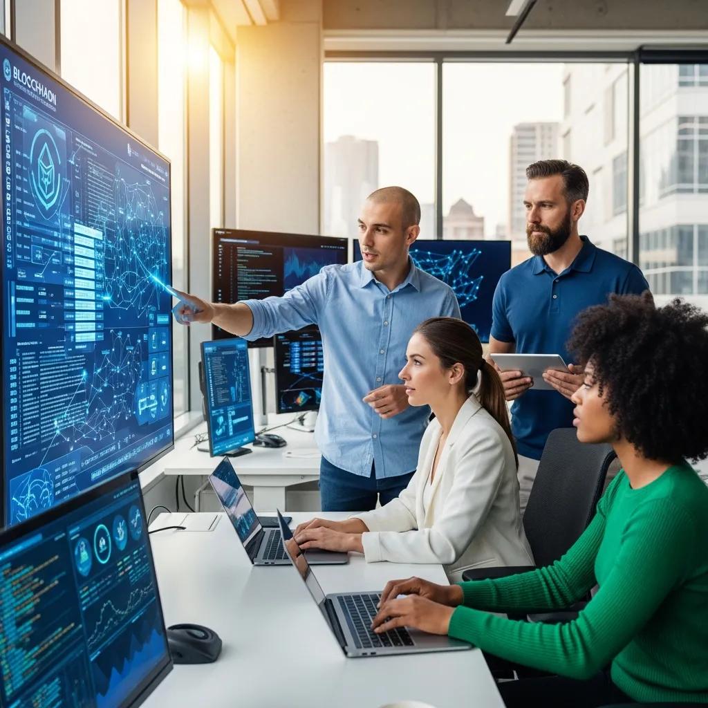 Colleagues collaborating on blockchain security measures in an office
