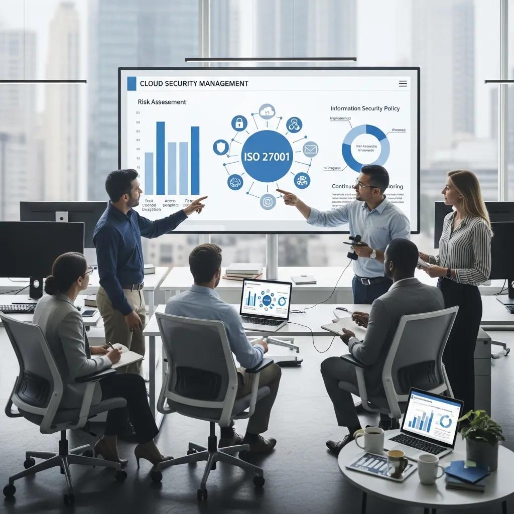 Colleagues reviewing ISO 27001 controls for cloud security governance