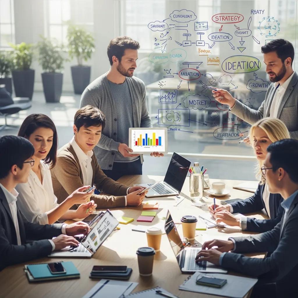 Team collaboration and innovation project planning in a modern office setting, implementing ISO 56001 for innovation management.