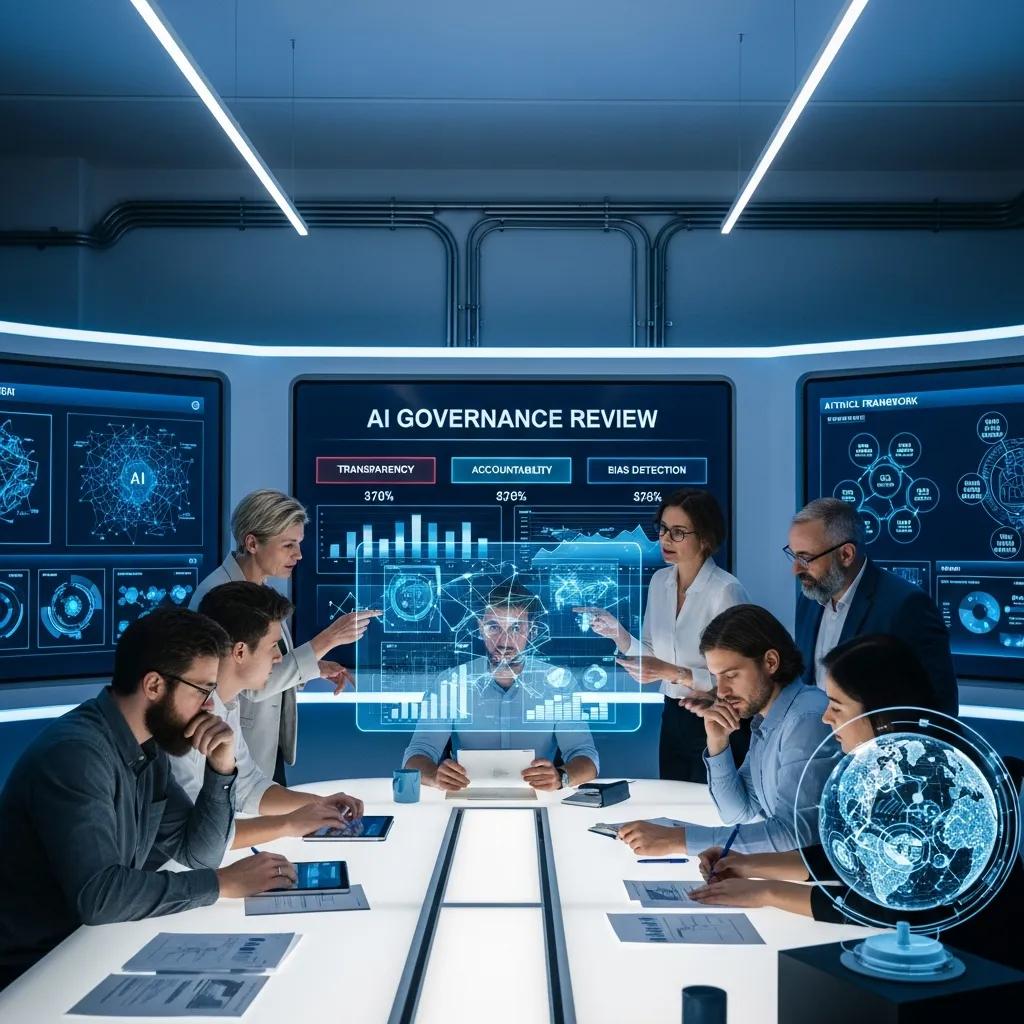 Team conducting an AI governance review session focused on ethical compliance