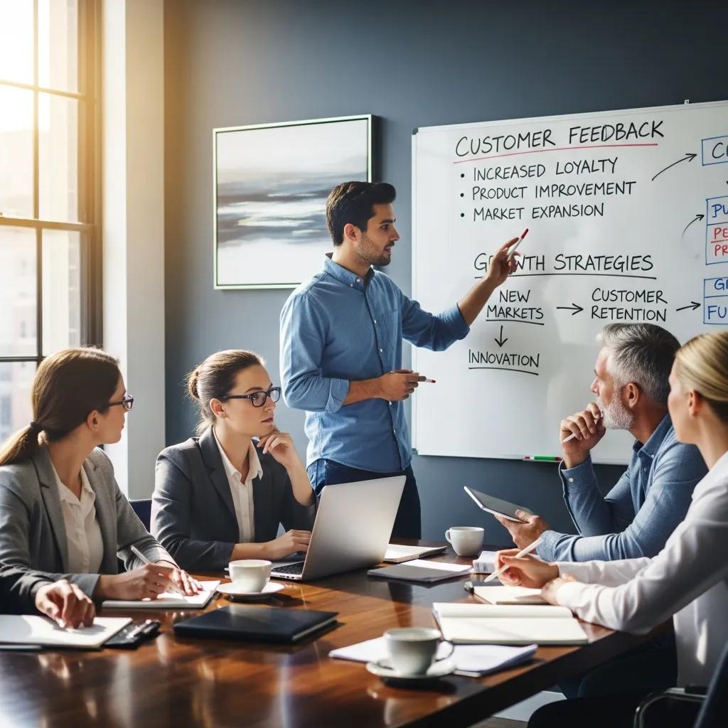 Team discussing customer-focus benefits in a business meeting