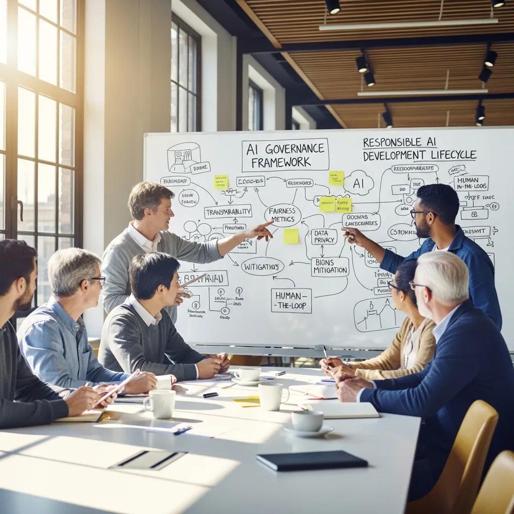 Colleagues discussing ethical AI governance in a meeting