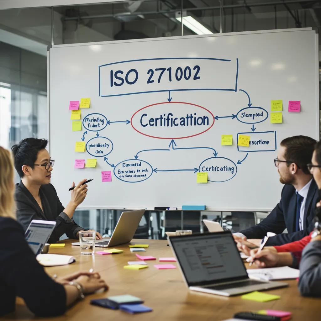 Team discussing the ISO 27001 certification process with a flowchart in a meeting room
