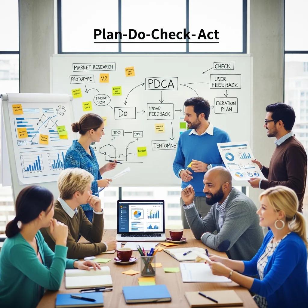 Team using the PDCA cycle to improve a process in a collaborative workspace