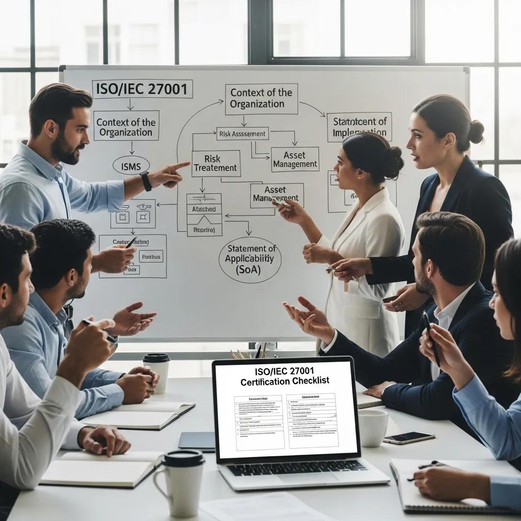 Team discussing ISO/IEC 27001 certification with documents and diagrams