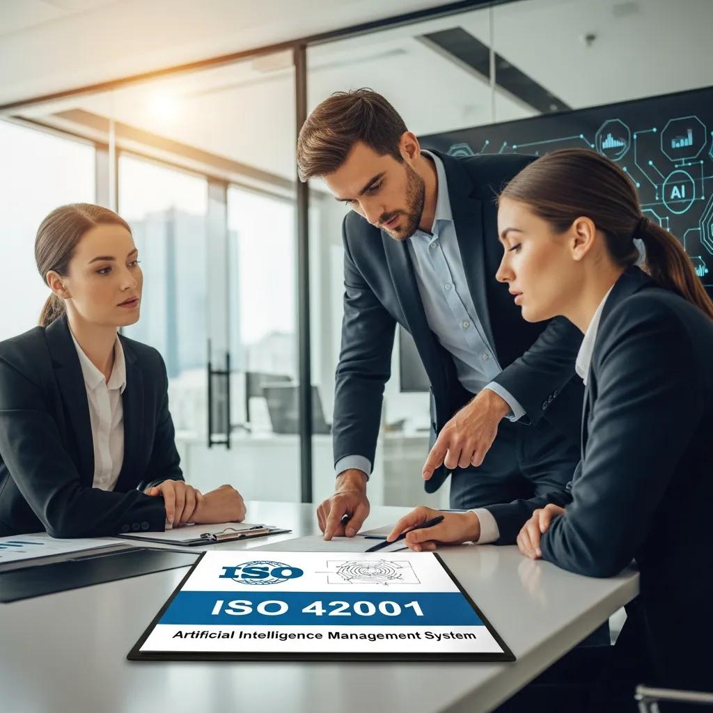 Team reviewing ISO 42001 certification documentation in a modern office