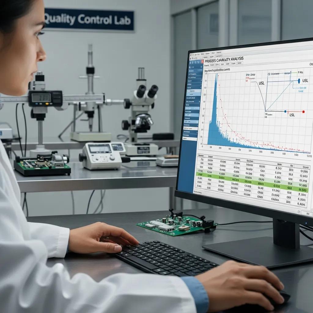Engineer reviewing process capability charts and specification limits in a quality lab