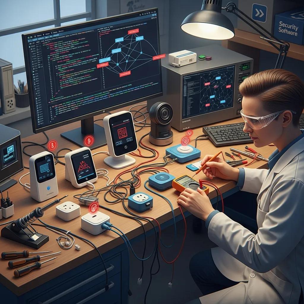 Technician inspecting IoT hardware in a lab to identify common security exposures