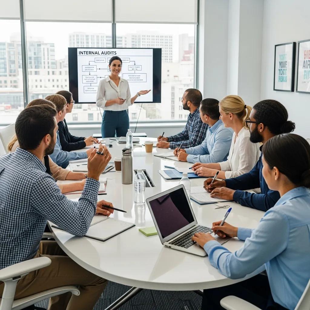 Trainer conducting staff training on internal audits in a modern conference room