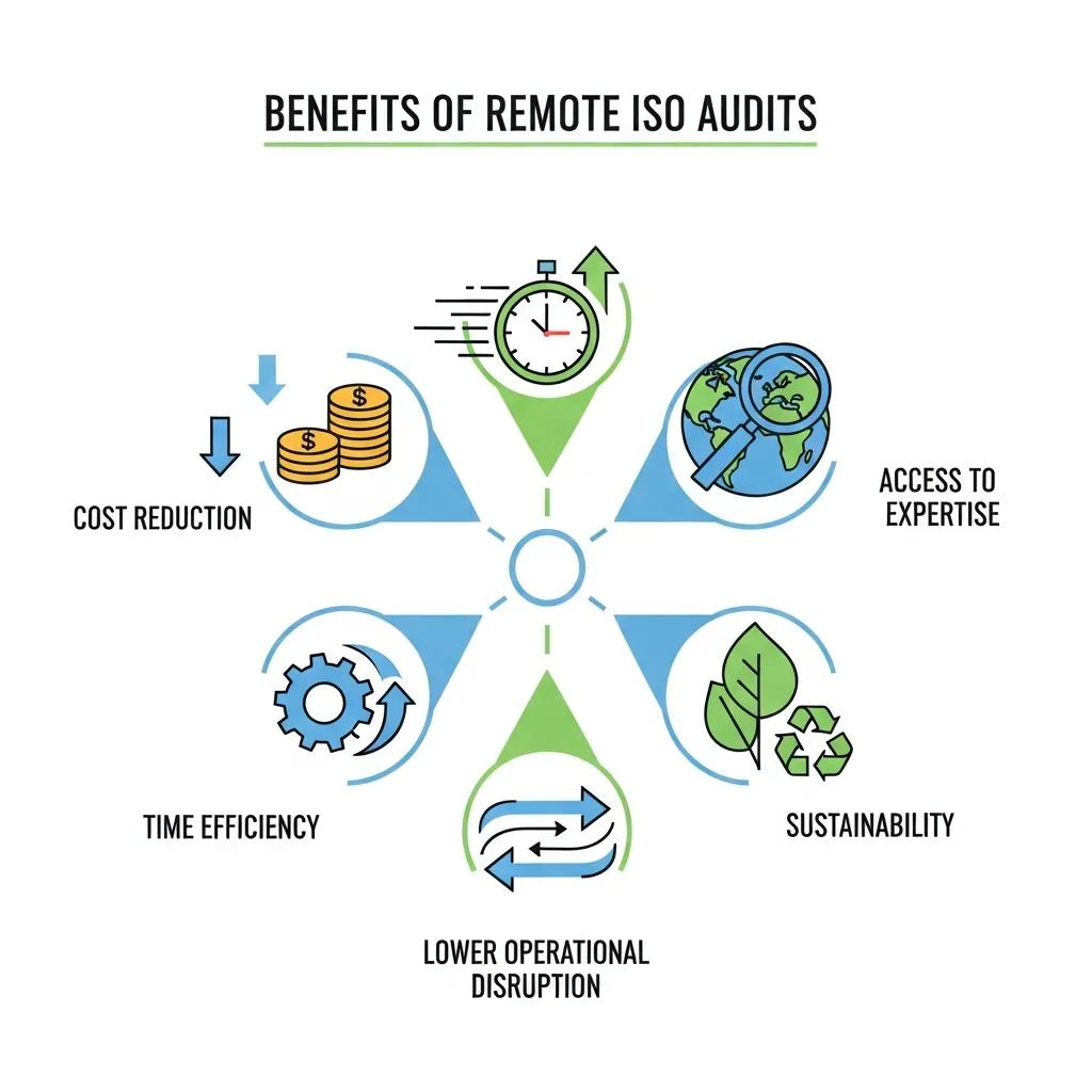Illustration showing the benefits of remote ISO audits such as cost savings and improved efficiency