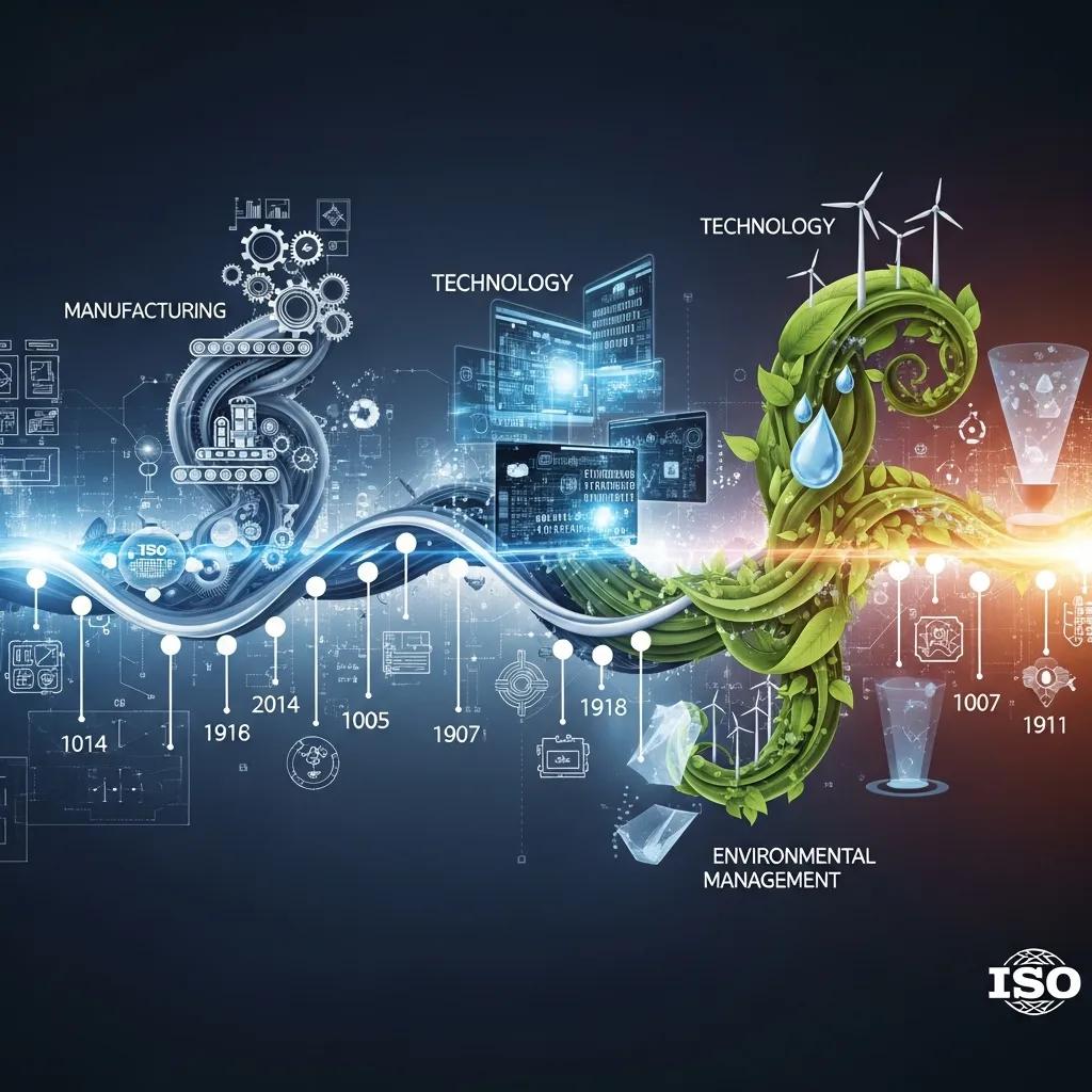 Visual representation of ISO standards evolution across manufacturing, technology, and environmental management industries, highlighting key revisions and timelines.