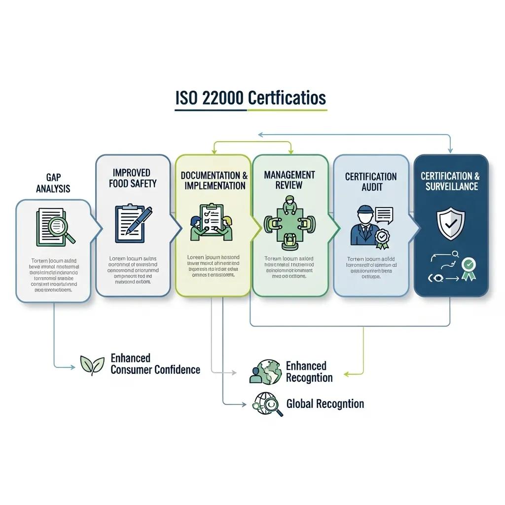 ISO 22000 certification process steps: gap analysis, documentation, management review, certification audit and surveillance for food safety.