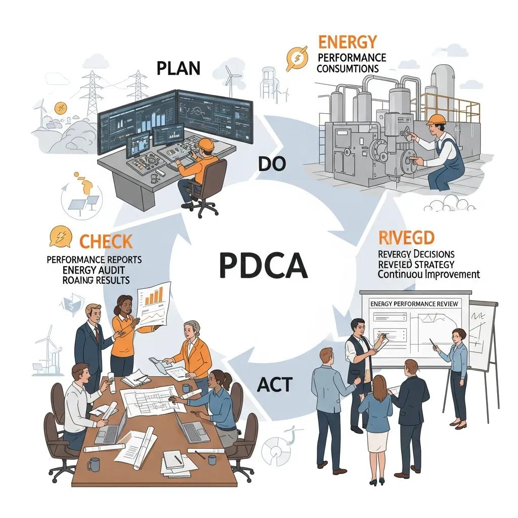 Diagram of the PDCA cycle applied to energy management