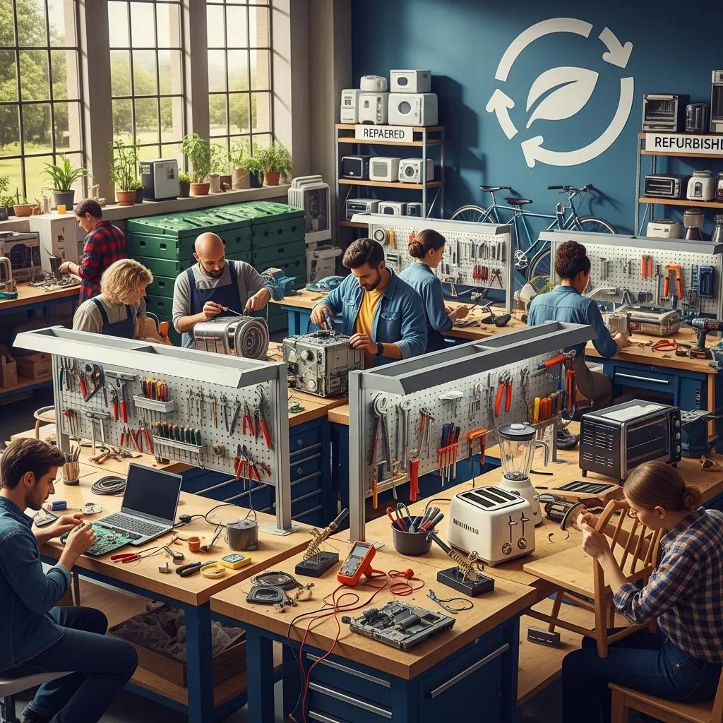 Workshop showing circular‑economy practices with refurbished items
